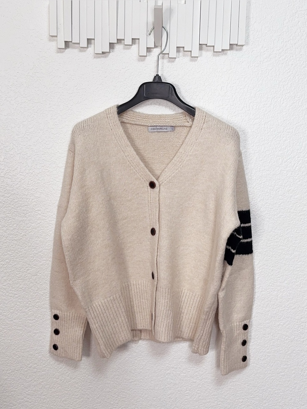 Miss Sparkling Cream Black Varsity Stripe Button Front V Neck Knit Cardigan